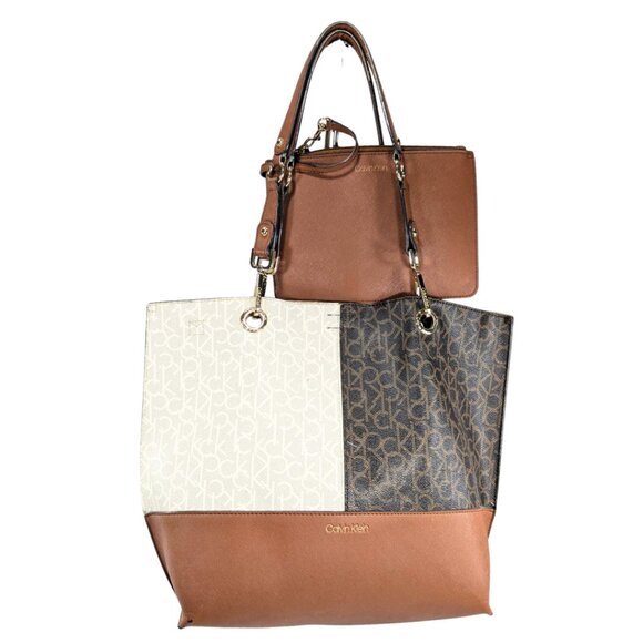Calvin Klein Signature Sonoma Brown White Colorblock Tote w/Brow Zip Wristlet - Picture 1 of 10